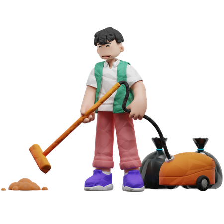 진공청소기로 쓰레기를 수거하는 남자  3D Illustration