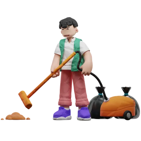 진공청소기로 쓰레기를 수거하는 남자  3D Illustration