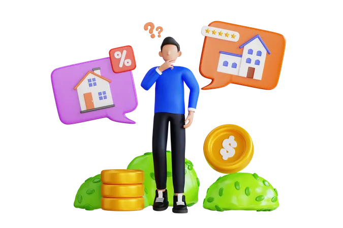 3 D Illustration Of Man Confused About Choosing A House A Man Confused And Thinking About Choosing House 3 D Illustration 3D Illustration