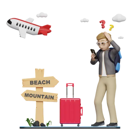 Man confused while finding travel location  3D Illustration