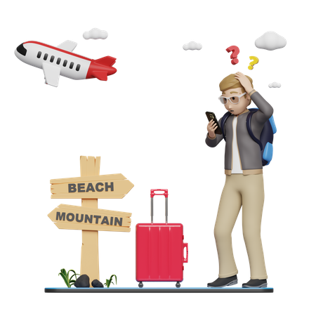 Man confused while finding travel location  3D Illustration