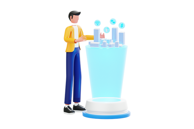 Man Controls Digital Smart City Model  3D Illustration