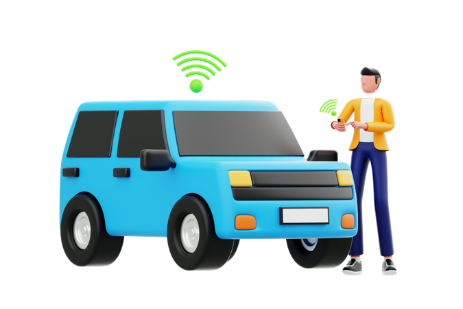 Man Controls Smart Car With Phone  3D Illustration