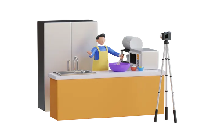 3 D Young Man Vlogger Baking And Recording Video For Food Channel Man Cooking And Recording Culinary Video For Blog Or Channel 3 D Illustration 3D Illustration