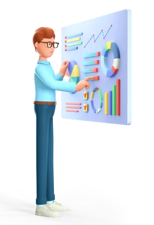 Man creating a dashboard with graphs 3D Illustration