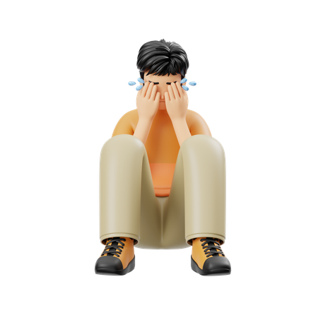 Man Crying While Sitting On Floor  3D Illustration