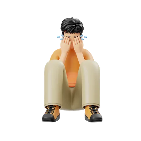 Man Crying While Sitting On Floor  3D Illustration