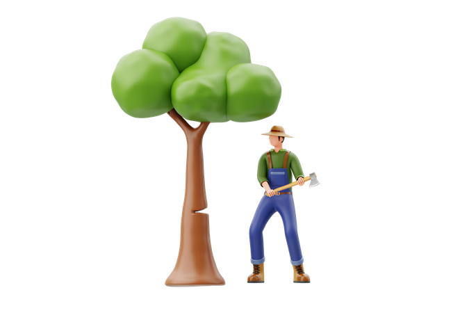 Man Cutting Tree  3D Illustration