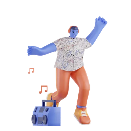 Man dancing to music from the radio  3D Illustration