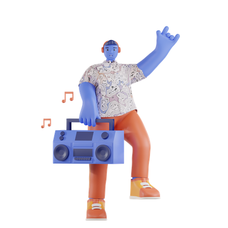 Man dancing while carrying a radio  3D Illustration
