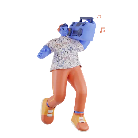 Man dancing while carrying a radio  3D Illustration