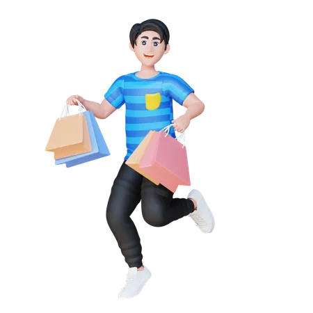 3 D Online Shopping Illustration Set Brian Dancing With Shopping Bag 3D Illustration