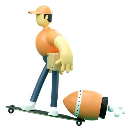 Man deliver product on skateboard  3D Illustration