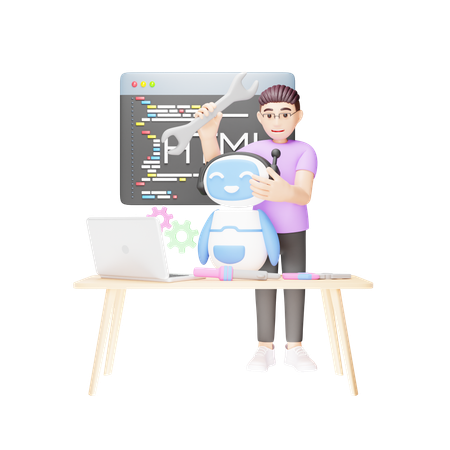 Man Developing a Robot Assistant  3D Illustration