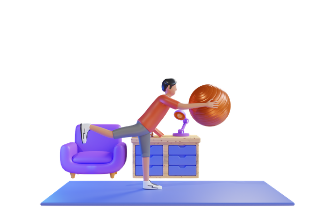 Man do exercise with gym ball  3D Illustration