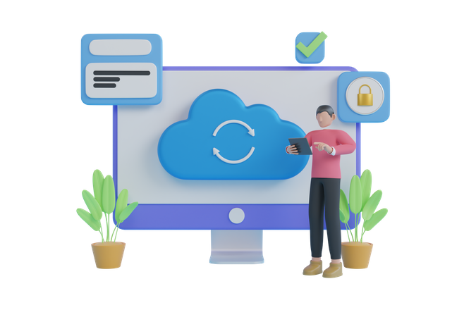 Man Doing cloud backup  3D Illustration