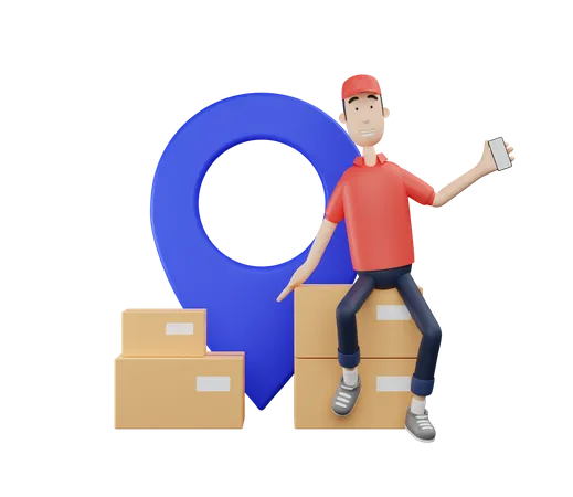 3 D Courier Character Leaning Beside Location Icon 3D Illustration