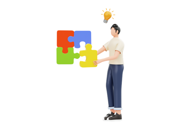 Man Doing Jigsaw Problem Solving  3D Illustration