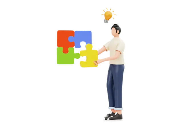 Man Doing Jigsaw Problem Solving  3D Illustration