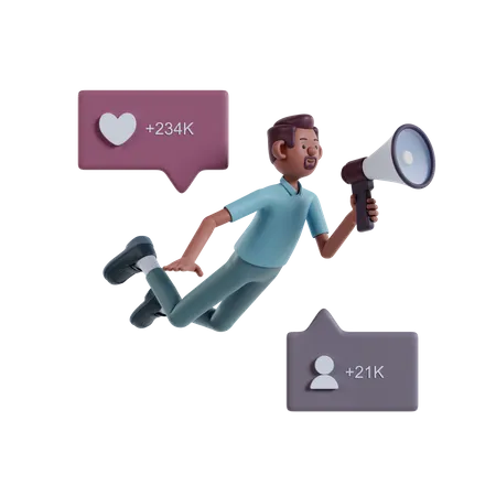 Brown Bearded Man Levitating And Holding Loudspeaker Doing Marketing Campaign 3 D Marketing Illustration 3D Illustration