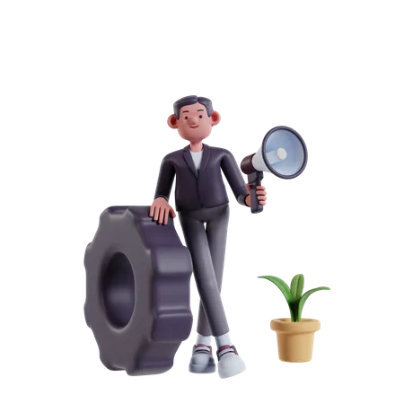 Young Man Leaning On Gear While Holding Megaphone Making Marketing Strategy 3 D Marketing Strategy Illustration 3D Illustration