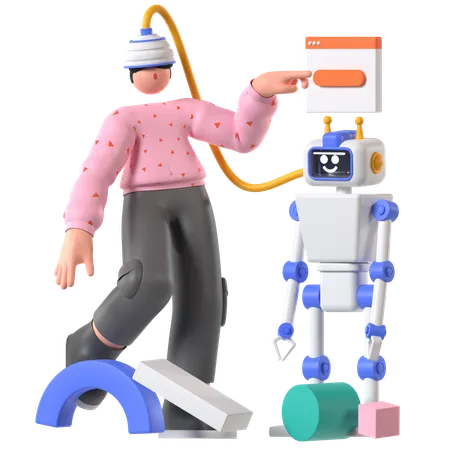 ロボットから記憶を転送する男性  3D Illustration