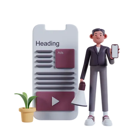 Man Holding A Loudspeaker While Showing A Cellphone Screen Containing Cellular Advertisements 3 D Illustration Of Mobile Advertising 3D Illustration