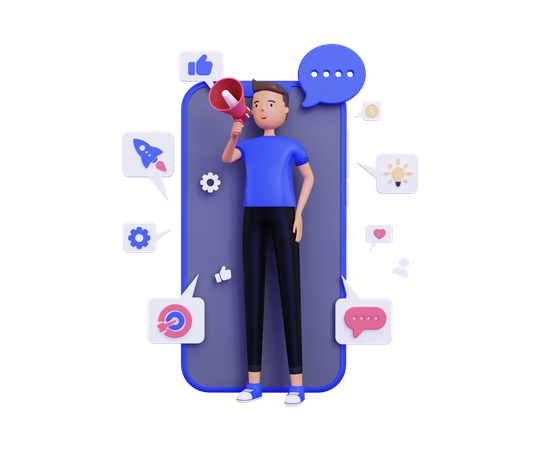 Man doing on Mobile marketing with holding megaphone  3D Icon