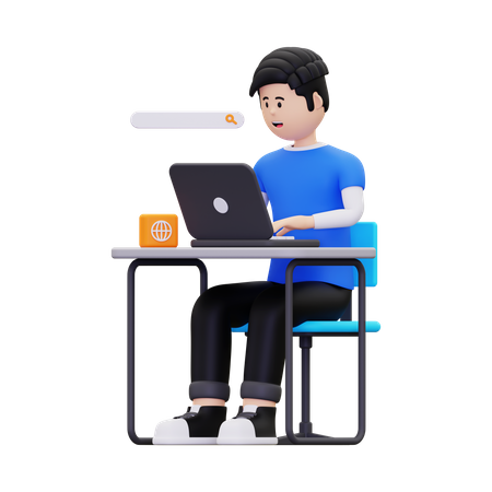 Man doing online browsing with laptop  3D Icon