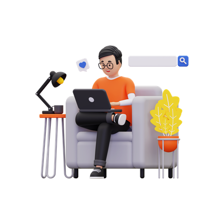 Man Doing online browsing with laptop 3D Illustration