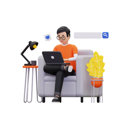 Man Doing online browsing with laptop 3D Illustration