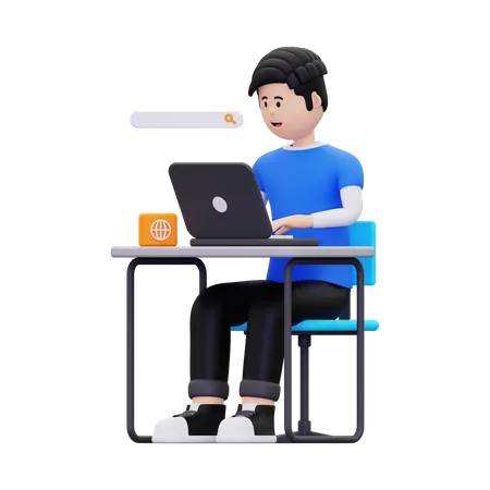 Man doing online browsing with laptop 3D Illustration