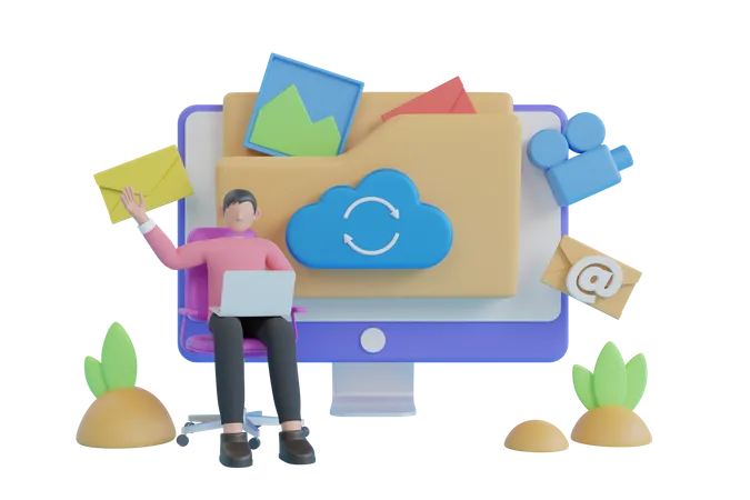 Man doing Online cloud library backup  3D Illustration