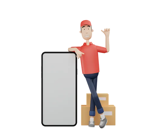 3 D Courier Character Leaning On Phone Screen 3D Illustration