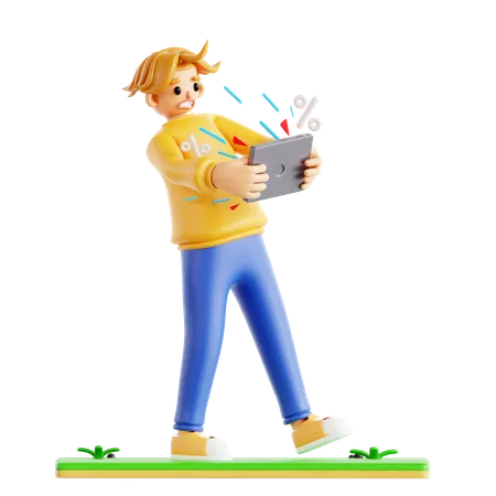 Man Doing Online Shopping Using Buy Promo  3D Icon