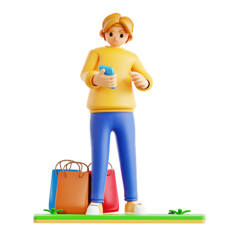 모바일을 이용해 온라인 쇼핑을 하는 남자  3D Icon