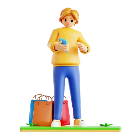 모바일을 이용해 온라인 쇼핑을 하는 남자  3D Icon