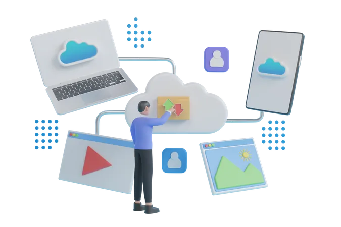 Man Doing online upload and download data on Cloud storage  3D Illustration