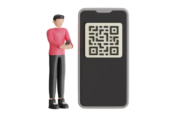 QR Code Scanning 3 D Illustration Man Use Smartphone And Scan Qr Code For Payment And Everything Man Using Phone With QR Sign 3D Icon
