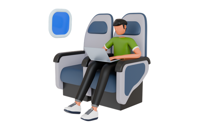 Man Doing Remote Work While Traveling By Plane  3D Icon