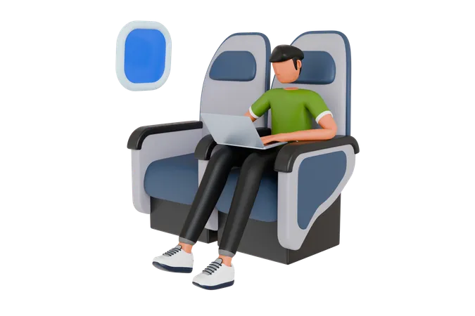 Man Doing Remote Work While Traveling By Plane  3D Illustration