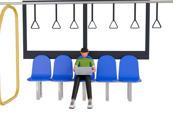 Man Doing Remote Work While Traveling By Public Transportation  3D Illustration