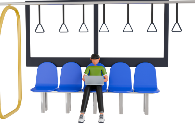 Man Doing Remote Work While Traveling By Public Transportation  3D Icon