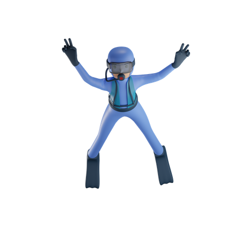 Man Doing Scuba Diving With Victory Pose  3D Illustration