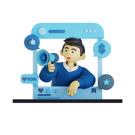 Man Doing Social Media Marketing 3D Illustration