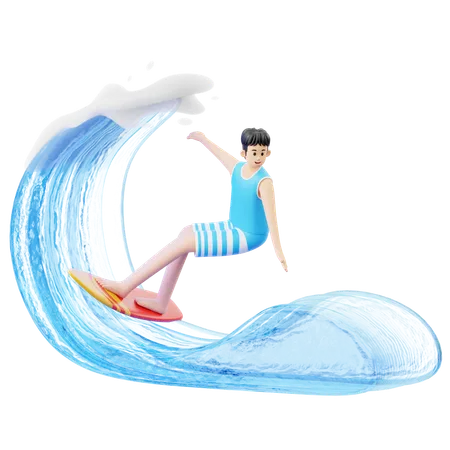 서핑 보드를 사용하여 해변에서 서핑을 하는 남자  3D Illustration