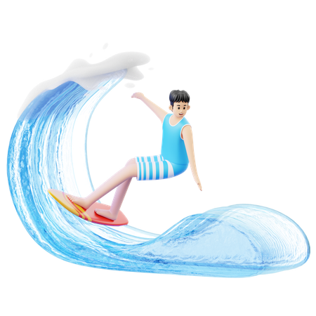 Man Doing Surfing At Beach Using Surfboard  3D Illustration