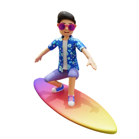 Man doing surfing at beach using surfboard 3D Illustration