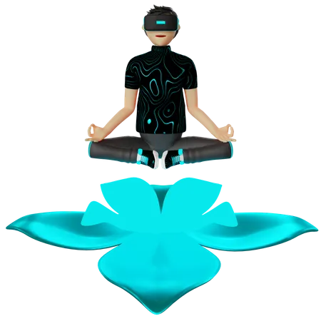 Man doing yoga in virtual world  3D Illustration