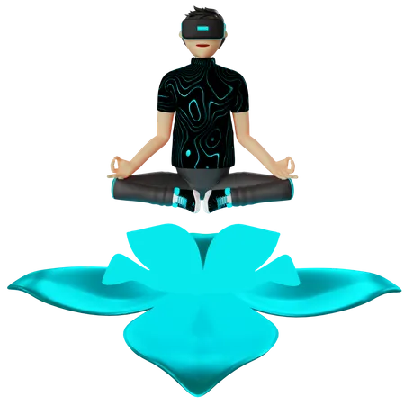 Man doing yoga in virtual world 3D Illustration